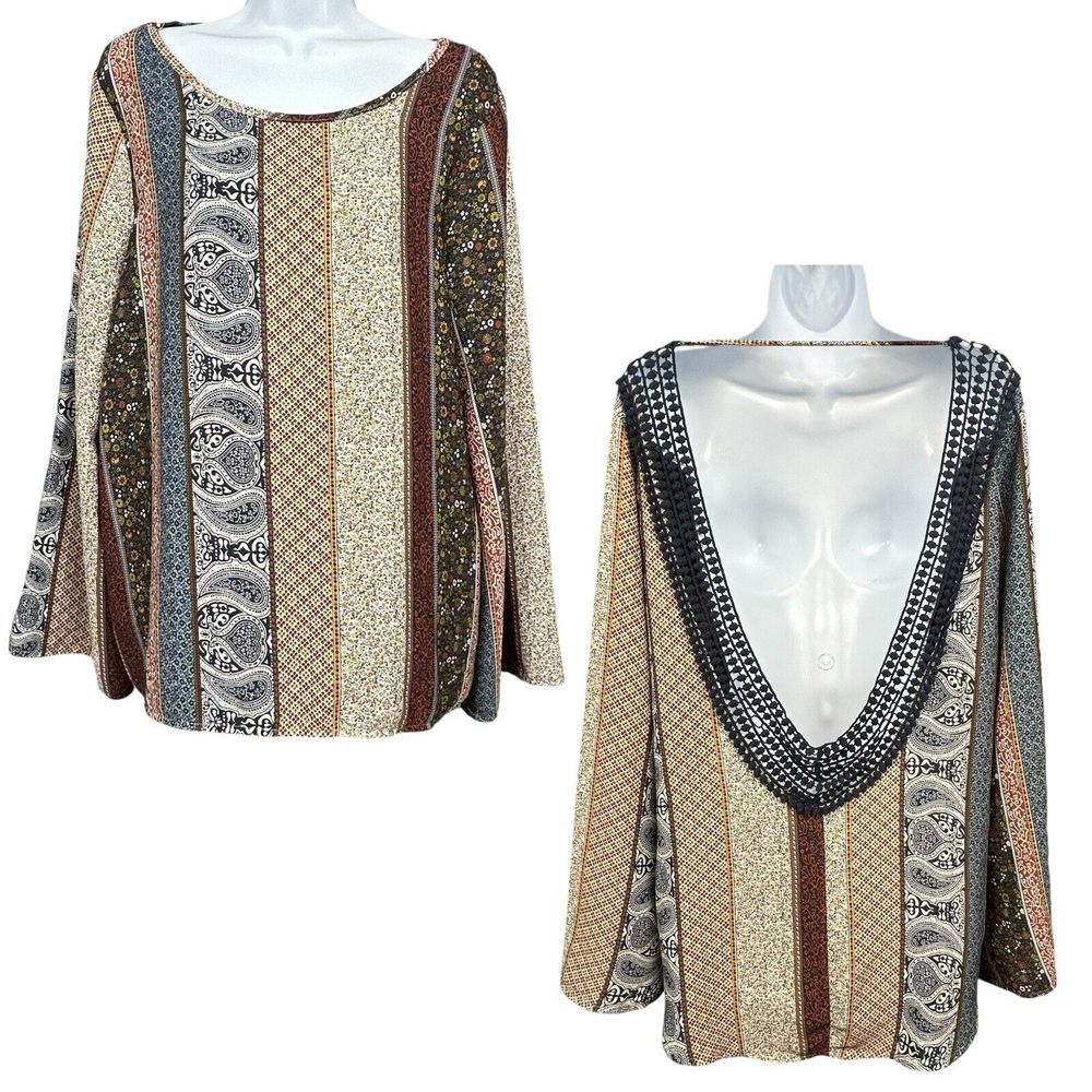 Vintage Havana Tunic Top Women L Crochet Low Scoop Back Long Sleeve Boho Peasant